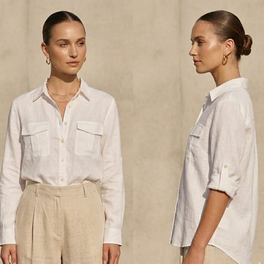 Zara 100% Linen Relaxed Fit Button Down Shirt Oyster White Sz Large Casual Boho